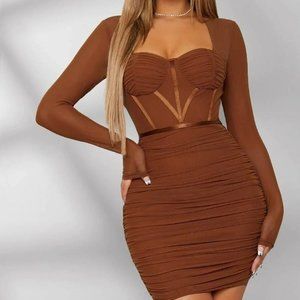 Sweetheart Neck Ruched Mesh Overlay Bodycon Dress
